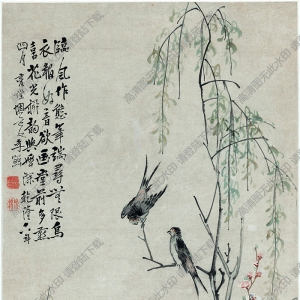 清 李禪《桃花柳燕圖》國畫高清大圖下載