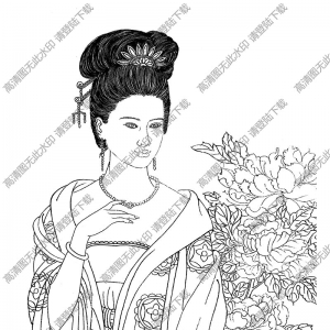 古代女子《貴妃賞花》白描圖片高清下載